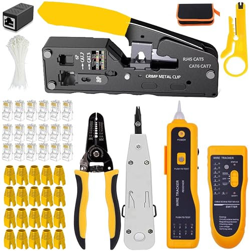 MAYLINE CAT5 CAT6 Network Tool Kits pelacables alicates de RJ45 Comprobador Cable de Red RJ45 4P/6P/8P Profesional Mantenimiento LAN Tester Herramientas de Reparación 50 Conectores (Amarillo)