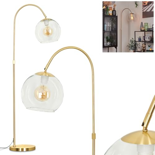 Stehleuchte Koyoto, Stehlampe aus Metall/Glas in Messingfarben/Klar, Leuchte im Retro/Vintage/Industrial-Design mit Schirm aus Glas (Ø 25cm), Höhe 140 cm, mit Fußschalter, 1 x E27, ohne Leuchtmittel