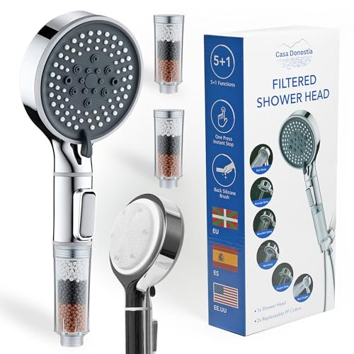 CASA DONOSTIA Alcachofa de Ducha Premium con Filtro Antical | Purificador – 6 Modos Alta Presión – Incluye 2 Filtros Repuesto + Cepillo – Cuida Piel y Cabello – Diseño Eco-Ahorrador