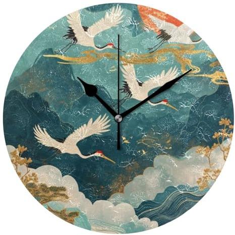 Pavilions Landscapes and Cranes 10 Inch Round Wall Mount Clock noiseless Indoor for Dining Room Living Room Home