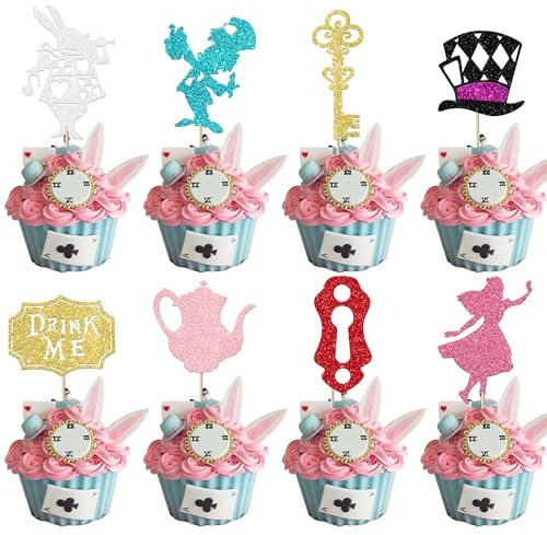 Xsstarmi 24 paquetes de adornos para cupcakes de Wonderland con purpurina, conejo, mad hatter, cupcakes, decoración para fiestas de té de Alicia para niños, fiesta de cumpleaños