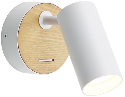 Alpinaluz Aplique de Pared – Estilo Nórdico e Industrial Retro Blanco con Frontal de Madera Natural, Interruptor Integrado y Foco GU10 LED Orientable