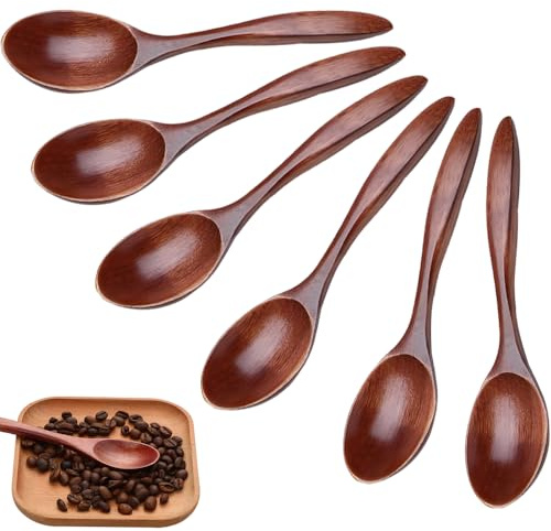 Holzlöffel Klein, 6 Stück Honiglöffel Holz, Holzlöffel Set Mischen Rühren Kochen Wooden Spoon für Heiße Schokolade Honig Kaffee Tee Küchenzubehör(Braun)