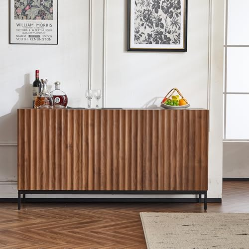 KecDuey Sideboard 150cm,Kommode Eiche dunkel gemasert, Mid-Century Modern Dekoschrank, 3 Türen,welliges 3D-Design, verstellbare Einlegeböden, Kippsicherung-stilvolle Aufbewahrung (Dunkelbraun TYP 1)