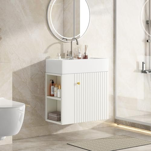 Goeria Mueble de baño con armario bajo lavabo de 55 cm, armario bajo lavabo, armario para lavabo colgante blanco, pequeño mueble de baño de invitados