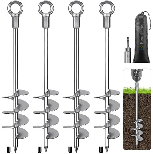 BeneLabel Tent Peg Heavy Duty, 47cm Ground Anchor Screw Trampoline Stake 4pcs Metal Earth Sand Spiral Wind Storm Spike for Swing/Camping/Shed/Dog/Carport/Canopy with Fixed Ring, Silver