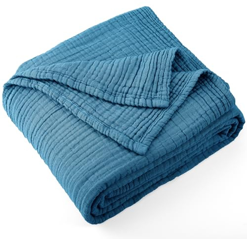 Carriediosa 100% Cotton Muslin Throw Blanket 66 X 90 Twin XL Size，4-Layers Summer Gauze Throws for Bed Couch，Soft Lightweight Breathable Linen Blankets Bedspread for Adults All Season，Dusty Blue
