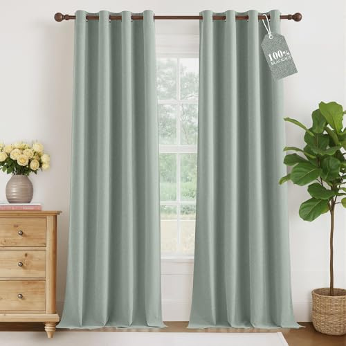 NICETOWN Sage Green Curtains 100% Blackout, W52 x L84 in, Linen Textured Draperies for Bedroom, Privacy Protection & Noise Reducing Drapes, Insulated Window Treatments for Farmhouse, 2 Panels