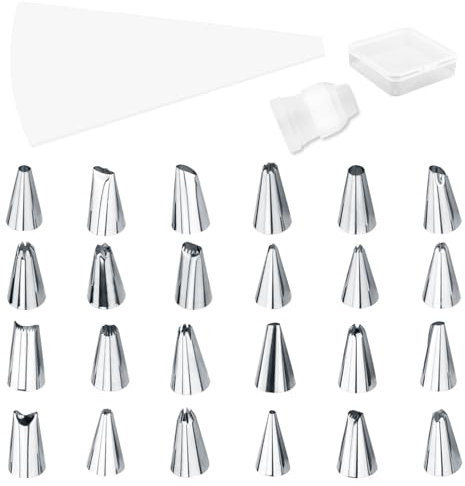 26PCS Silicone Piping Bags, Piping Bags and Nozzles Set with 25 Stainless Steel Nozzles and Coupler, 30cm X 17cm Reusable Icing Bag with Cleaning Brush for Decorating Cakes, Pastries, and Cupcakes