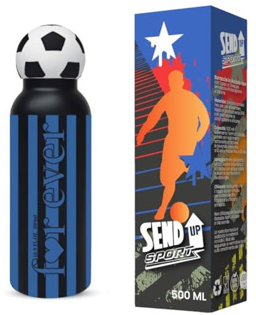 SEND UP Borraccia Calcio NERO/AZZURRI Squadra del Cuore, Acciaio Inox 550ml, Copritappo Silicone Palla da Calcio, Infrangibile, Lavabile Lavastoviglie, Tappo Vite Igienico, Regalo Sportivo Ecologico