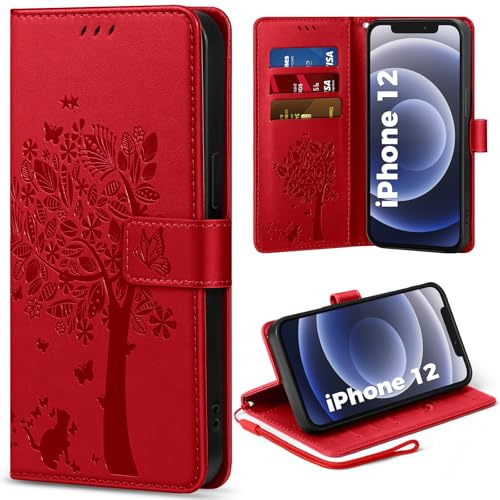 EASDNB Handyhülle für iPhone 12 Hülle Lederhülle Flip Wallet Case | 3 Kartenfächer, Magnet, Ständer, Premium Leder Prägung, Magnetic Closure, RFID Blockierung Klapphülle, 6.1, Rot