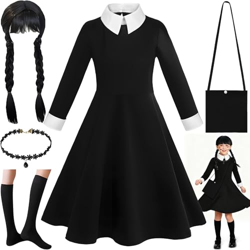 ZZXLOPEZ Costume Halloween Bambina, Vestito Halloween Carnevale Bambini Costume con Parrucca e Accessori, Vestito Mercoledì Bambinas,Vestiti Bambina per Carnevale Party Cosplay (130cm)