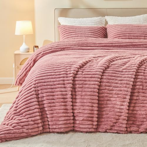 EMME Gestreifte Plüsch Bettwäsche 135x200 - Winterbettwäsge aus Kaninchenfell-Imitat mit Elegantem Streifen-Design, Ultra Weicher Bettbezug mit Reißverschluss und 1 Kissenbezug 80x80 cm, Rosa