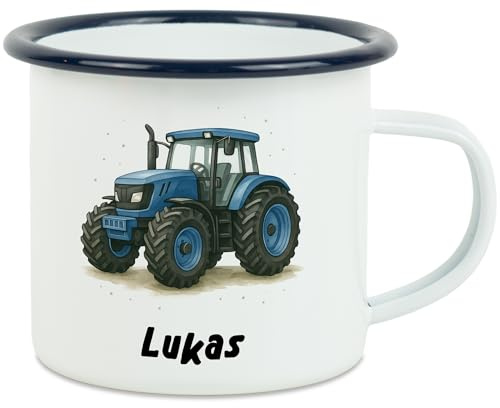 Kiddle-Design Kindertasse Trecker mit Namen, Namenstasse Traktor Kinder Jungen Kindergarten, Kinderbecher mit Namen Geschenkidee Geburtstag Einschulung Jungs, Tasse Weiß