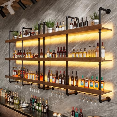 Casier À Vin Mural en Métal & Bois massif Porte-Bouteilles Muraux Industriels avec Porte-Verres & lumière LED 3 niveaux Casier à Vin Flottant Suspendu Mural pour bars, cuisines et restaurants 120CM