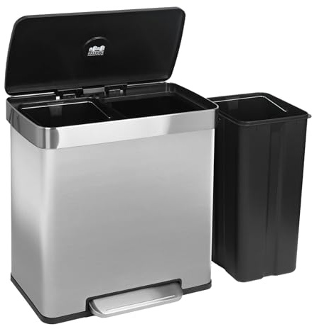 Harbour Housewares 60L Double Kitchen Pedal Bin – 2 x 30L Brushed Stainless Steel Recycling Waste Bin with Soft Close Lids, Dual Compartments & Removable Inner Buckets for Home & Office