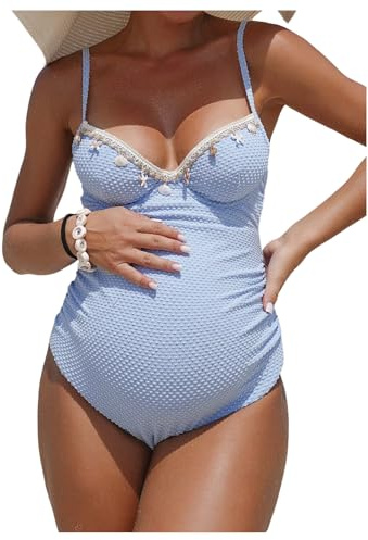 OYOANGLE Women's Maternity One Piece Swimsuits Textured Shell Decor V Neck Pregnancy Bathing Suit Blue Large