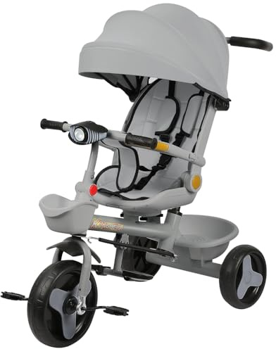 Belfoyer 4-in-1 Kinderdreirad mit Schubstange, Dreirad ab 1 Jahr höhenverstellbar, Dreirad ab 2-3 Jahre mit Sitz, Fußstütze & Korb, Faltbares Kinder Trike, Mehrfarbig（Grau）