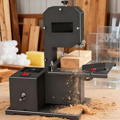 Oiyekntd Sierra de Cinta de Mesa Profesional para pequeños talleres | 800 W | Altura de Corte: 70 mm, Profundidad de Corte: 90 mm | Cortes Rectos y curvos | Mesa metálica inclinable (0-45°) | Máquina