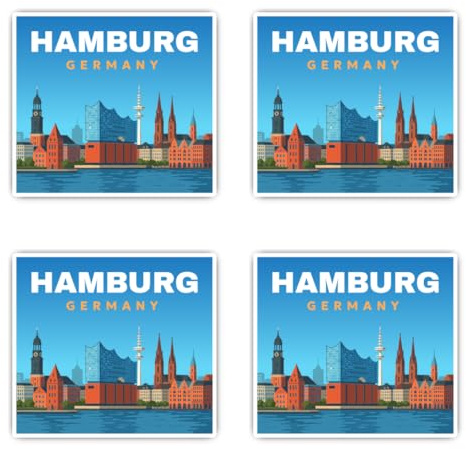 Laminierte Aufkleber: 75 mm, 4 Stück - Hamburg Germany Skyline wetterfest UV-resistent