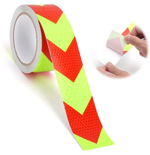 Cinta Reflectante Adhesiva 5 cm x 10 m de PVC con Flechas Amarillo/Rojo, Impermeable Alta Visibilidad, Cinta de Señalización para Coche, Remolque, Garaje, con Tijeras
