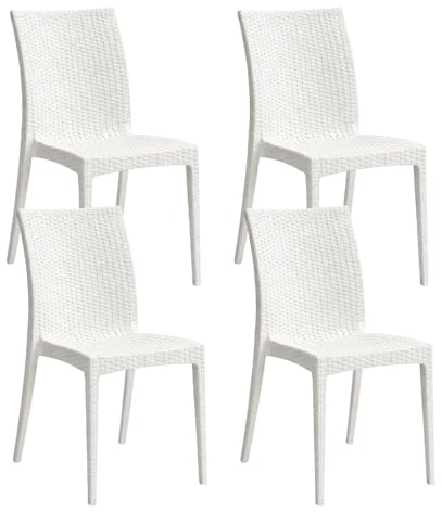 PALUPLUS Set 4 Sedie da Giardino effetto Rattan in Polipropilene colore BIANCO, misura 47x59x86 cm, Sedia Impilabile Senza Braccioli per Esterno ed Interno -VERO954F-17