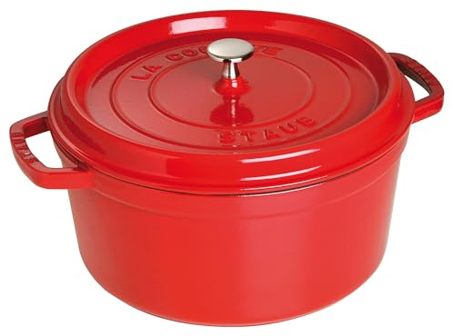 Staub Cast Iron Round Cocotte, Dutch Oven, 7-quart, serves 7-8, Made in France, Cherry