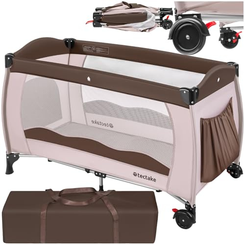 tectake® Cuna de Viaje con Estructura Plegable, Corralito Bebe con Cremallera, Cuna Bebe con Bolsa de Transporte, Parque Infantil, Camas Infantiles - 126 x 65 x 80 cm Café
