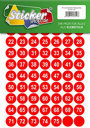 75 nummerierte Klebepunkte, 25 mm, rot, aus PVC Folie, wetterfest, Markierungspunkte Kreise Punkte Zahlen Nummern Aufkleber