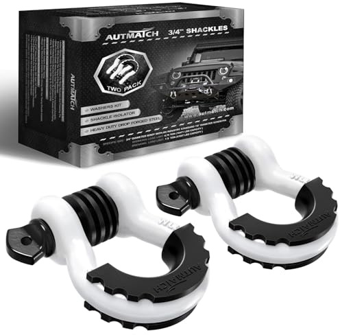 AUTMATCH Manilles à anneau en D de 1,9 cm (lot de 2) - Résistantes à la rupture avec goupille à vis de 2,2 cm et rondelles isolantes de manille pour sangle de remorquage - Blanc et noir