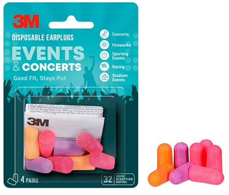3M Disposable Earplugs, Hearing Protection for Events & Concerts, Mutli-Color, 32 NRR, 4-Pairs