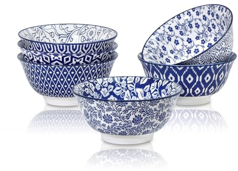 Selamica Porzellan Dessertschalen 6er Set, 710 ml Müslischalen, Suppenschalen, Bowl Schüssel Set für Müsli, Suppe, Salat und Nudeln, Vintage Blau
