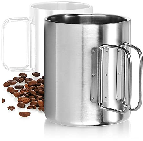 com-four® Taza de café de acero inoxidable - Taza térmica de acero inoxidable 304 de 300 ml con asa plegable - Taza aislada de doble pared - Sin BPA (plata - 300ml - 1 pieza)