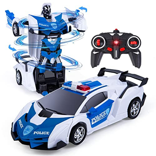 Thedttoy Transformator Ferngesteuertes Auto Spielzeug für Jungen, RC Polizeiauto Spielzeugauto Transform Auto Robot mit Fernbedienung, Kinder Geburtstag Geschenke ab 4 5 6 7 8 9 10 Jahre (Weiß)