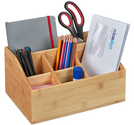 Relaxdays Schreibtisch Organizer, Bambus, 6 Fächer, natur | Stiftehalter Büro und zuhause, Tischorganizer HBT 14x28x20 cm