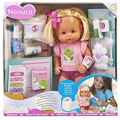 Nenuco Cura Sana, Muñeca para Jugar a los médicos con tu bebé, con tiritas de Colores y el Kit médico para Curar a la muñeca, Juguete indicado para niños y niñas de 3 años, Multicolor