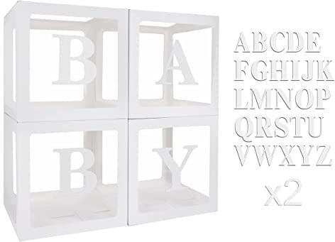 Baby Shower Decoration Set for Boys & Girls: 4 x Decor Boxes with 52 Letters A-Z & White Transparent Balloons