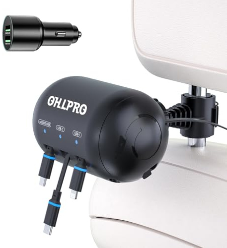 OHLPRO 3-in-1 Retractable Backseat Car Charging Station, 36W Fast Car Charger for All Phones (iPhone, Samsung), Ideal for Lyft, Turo, Uber, Taxi, Rideshare, Customer Charging Dock Attach to Headrest