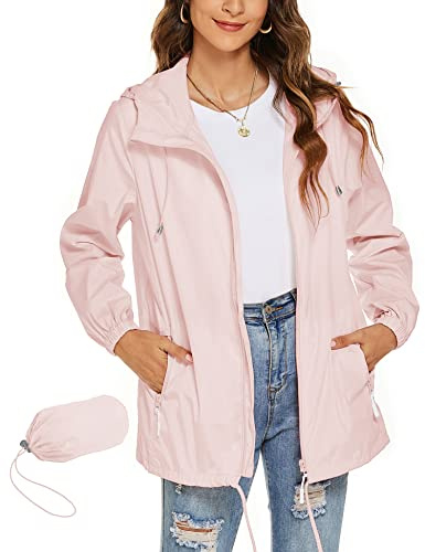 Rapbin, Giacca impermeabile da donna leggera impermeabile giacca a vento sottile impacchetabile, da viaggio, per bicicletta, giacca a vento, Colore: rosa., L