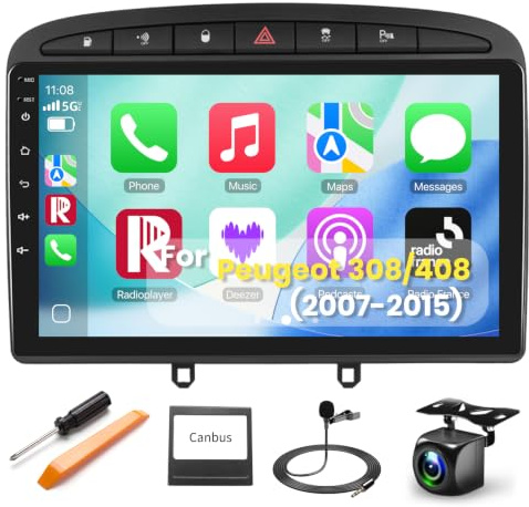 Autoradio CarPlay sans Fil pour Peugeot 308 408 2007-2015, Android 15, Écran Tactile 9 Pouces, Android Auto, GPS, Bluetooth, WiFi, FM/RDS, DSP, Caméra de Recul, 2Go+64Go