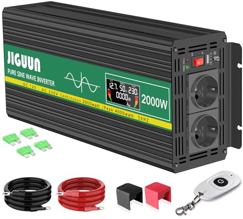 JIGUUN 2000W inverter 12V 230V ren sinus spänningsomvandlare med 2 EU-uttag & 2.1A USB-utgång Trådlös fjärrkontroll och LCD-display Peak Power 4000W för lastbil Camping Emergency