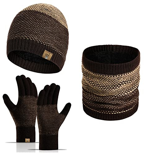 INSISMY Mütze Schal Handschuhe Set für Herren Strick Wintermütze Herren Touchscreen Handschuhe und Halswärmer mit Warmes Fleecefutter