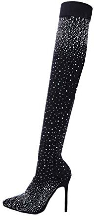ERINGOGO Stivali sopra al ginocchio da donna con tacchi alti e decorazione con strass, stivali elasticizzati per la festa e la vita quotidiana, comodi stivali neri alti fino al ginocchio EU37.5
