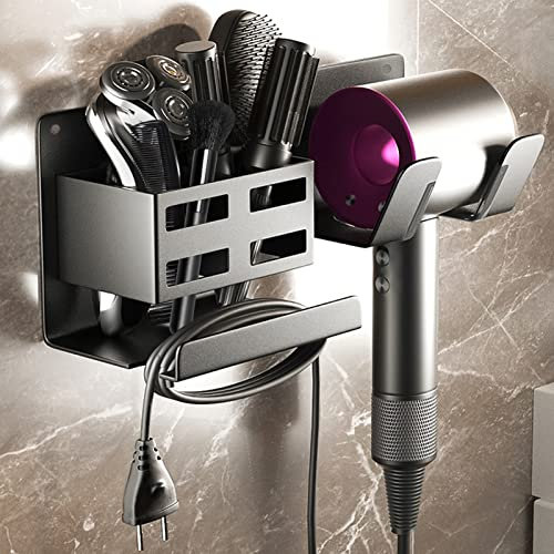 NCKIHRKK Föhnhalter Wand Ohne Bohren, Aluminium Föhn Halterung mit 2 Fächern Aufbewahrung und Kabelhaler, Fönhalter Ohne Bohren für Haartrocknergriffe bis zu 5cm, Schwarz