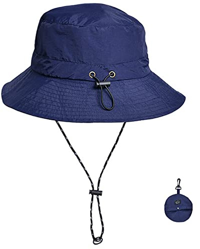 WANYI Unisex Fischerhut Heren Sommer mit Schnur Abnehmbar Sonnenhut Damen Faltbar UV Schutz Sommerhut Anglerhut Wasserdicht Tragbar Bucket Hat Regenhut 55-58cm (Marineblau)
