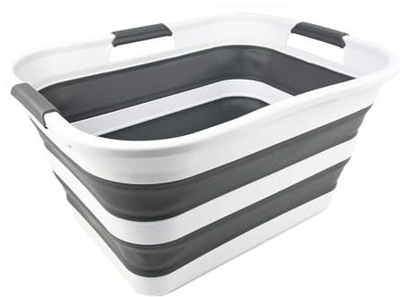 SAMMART 30L zusammenklappbarer Kunststoff-Wäschekorb – faltbarer Pop-Up-Aufbewahrungsbehälter/Organizer – tragbare Waschwanne – platzsparender Korb/Korb (Weiß/Stahlgrau)