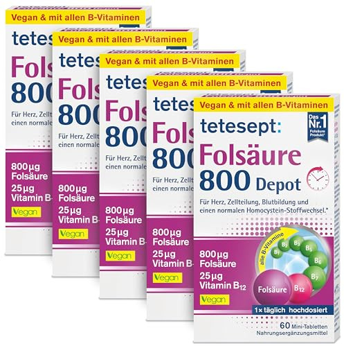 tetesept Folsäure 800 Depot, Minitabletten, 5 x 60 Stück | Depot-Technologie, alle B-Vitamine für eine Rundumversorgung, vegan, glutenfrei & laktosefrei