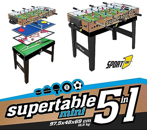Sport1 Supertable Mini 5-in-1 Kickertisch Tischfußball 97,5 x 48 x 69 cm Mehrzweck-Hauskicker: 3 vs 3, Tischtennis, Hockey, Billard, Curling. Komplett mit Zubehör.