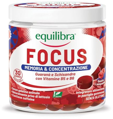 Equilibra Integratori Alimentari Focus, Integratore in Pastiglie Gommose, con Guaranà e Schisandra ad Azione Tonica, Vitamine per Memoria e Concentrazione, Vegan, 30 Gummies Gusto Lampone
