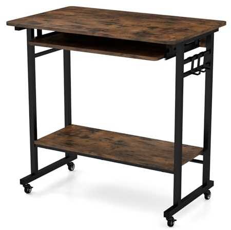LIFEZEAL Bureau avec Etagère de Rangement, 3 Crochets, Plateau de Clavier, Table PC à roulettes, Style Industriel, Poste de Travail 80x50x78 cm, Cadre en Acier, Plateau en Bois (Marron)